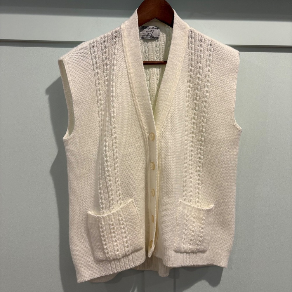 Vintage College Point Knit Cardigan Vest‎ Mens XL Cream Cable Knit Pockets USA